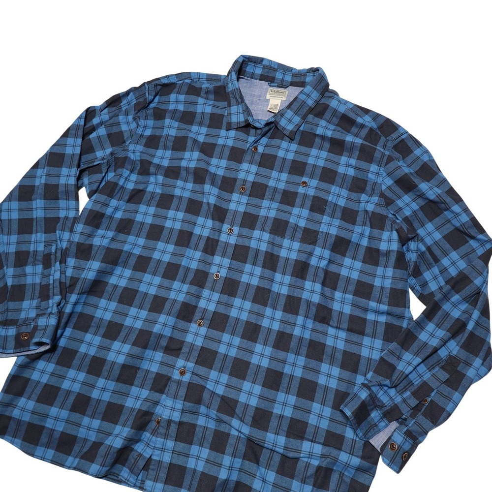 L.L. Bean Shirt Mens 3XLT Blue Plaid Flannel Long Sleeve Button Front Stretch